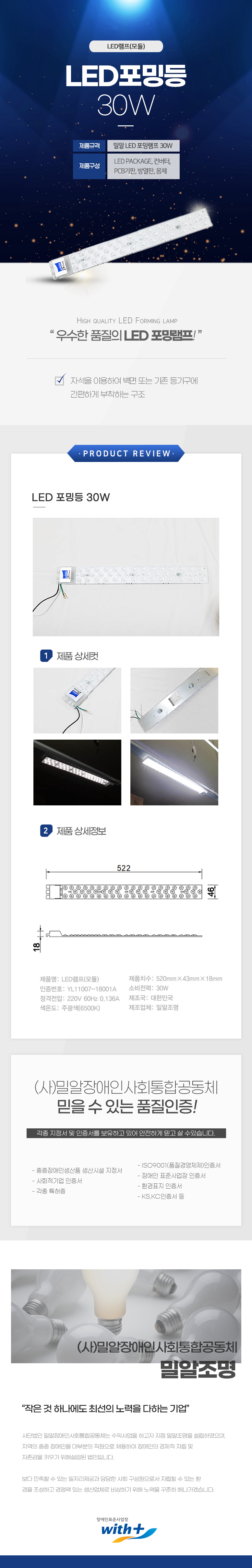 LED램프(모듈)
LED포밍등 30W

제품규격: 밀알 LED포밍램프 30W
제품구성: LED PACKAGE, 컨버터,PCB기판,방열판, 몸체

HIGH QUALITY LED FORMING LAMP
'우수한 품질의 LED 포밍램프!'

자석을 이용하여 벽면 또는 기존 등기구에 간편하게 부착하는 구조

PRODUCT REVIEW
LED 포밍등 30W

1 제품상세컷
2 제품상세정보
가로:522mm,세로: 46mm

제품명: LED램프(모듈)
제품치수: 520mm×43mmX18mm
인증번호: YL11007-18001A 
소비전력: 30W
정격전압: 220V 60Hz 0.136A 
제조국: 대한민국 
색온도: 주광색(6500K)
제조업체: 밀알조명

(사)밀알장애인사회통합공동체 
믿을 수 있는 품질인증!
각종 지정서 및 인증서를 보유하고 있어 안전하게 믿고 살 수있습니다.
- ISO9001(품질경영체제)인증서
- 중증장애인생산품 생산시설 지정서
- 장애인 표준사업장 인증서
- 사회적기업 인증서
- 각종 특허증
- 환경표지 인증서
- KS,KC인증서 등

(사)밀알장애인사회통합공동체 밀알조명
작은 것 하나에도 최선의 노력을 다하는 기업
사단법인 밀알장애인사회통합공동체는 수익사업을 하고자 지점 밀알조명을 설립하였으며,
지역의 중증장애인을 대부분의 직원으로 채용하여 장애인의 경제적 자립 및
자존감을 키우기 위해설립된 법인입니다.
보다 만족할 수 있는 일자리제공과 당당한 사회 구성원으로서 자립할 수 있는 환
경을 조성하고 경쟁력 있는 생산업체로 비상하기 위해 노력을 꾸준히 해나가겠습니다.

장애인표준사업장 with+