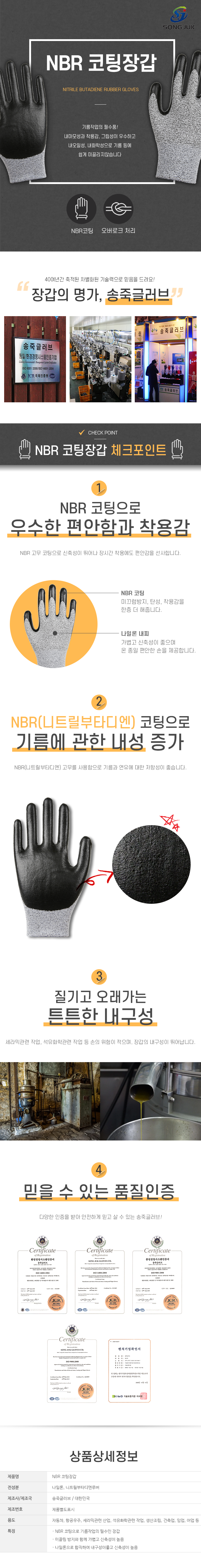 NBR 코팅장갑
NITRILE BUTADIENE RUBBER GLOVES
기름작업의 필수품!
내마모성과 착용감, 그립성이 우수하고 내오일성, 내화학성으로 기름 등에
쉽게 미끌리지않습니다
NBR코팅/오버로크 처리

40여년간 축적된 차별화된 기술력으로 믿음을 드려요!
장갑의 명가, 송죽글러브!

# CHECK POINT
NBR 코팅장갑 체크포인트
1.NBR 코팅으로 우수한 편안함과 착용감
NBR 고무 코팅으로 신축성이 뛰어나 장시간 착용에도 편안감을 선사합니다.
-NBR 코팅:미끄럼방지, 탄성, 착용감을 한층 더 해줍니다.
-나일론 내피:가볍고 신축성이 좋으며 온 종일 편안한 손을 제공합니다.
2.NBR(니트릴부타디엔) 코팅으로 기름에 관한 내성 증가
NBR(니트릴부타디엔) 고무를 사용함으로 기름과 연유에 대한 저항성이 좋습니다.
3.질기고 오래가는 튼튼한 내구성
세라믹관련 작업, 석유화학관련 작업 등 손의 위험이 적으며, 장갑의 내구성이 뛰어납니다.
4.믿을 수 있는 품질인증
다양한 인증을 받아 안전하게 믿고 살 수 있는 송죽글러브!
환경경영시스템인증서,품질경영시스템인증서,벤처기업확인서

# 상품상세정보
제품명:NBR 코팅장갑
전성분:나일론, 니트릴부타디엔루버
제조사/제조국:송죽글러브/대한민국
제조번호:제품별도표시
용도:자동차, 항공우주, 세라믹관련 산업, 석유화학관련 작업, 생산조립, 건축업, 임업, 어업 등
특징:
・NBR 코팅으로 기름작업의 필수인 장갑
・미끌림 방지와 함께 가볍고 신축성이 높음
・나일론으로 합직하여 내구성이좋고 신축성이 높음